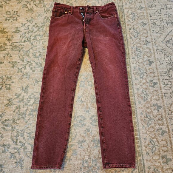 Levis 501Man's Straight Leg W32 L32 Red Denim Distressed Button Fly Jeans - Picture 1 of 9